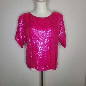 Vintage‎ Rina Z Pink Barbiecore Sequin Short Sleeve Silk Top Evening Party Sz M